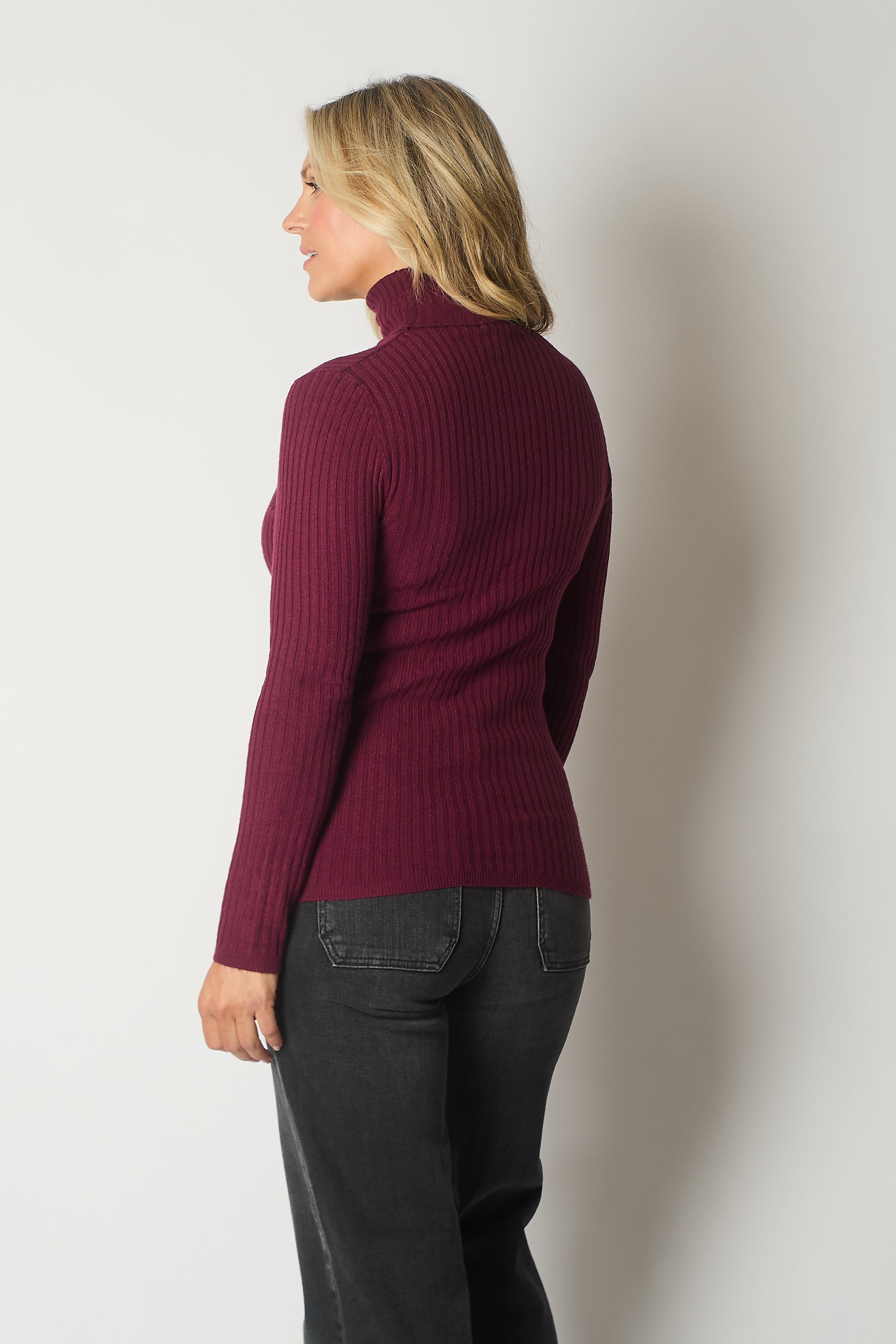 Ribbed Polo Neck Jumper - Plum