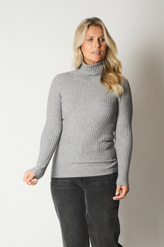 Ribbed Polo Neck Jumper - Grey