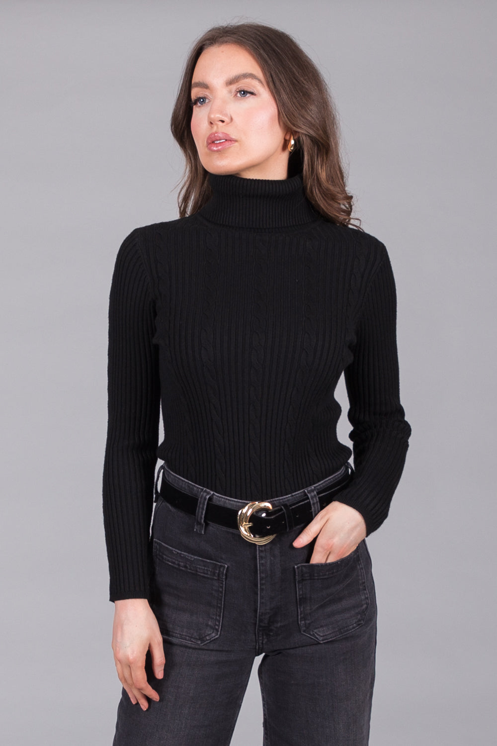 Cable Knit Turtleneck Jumper - Black