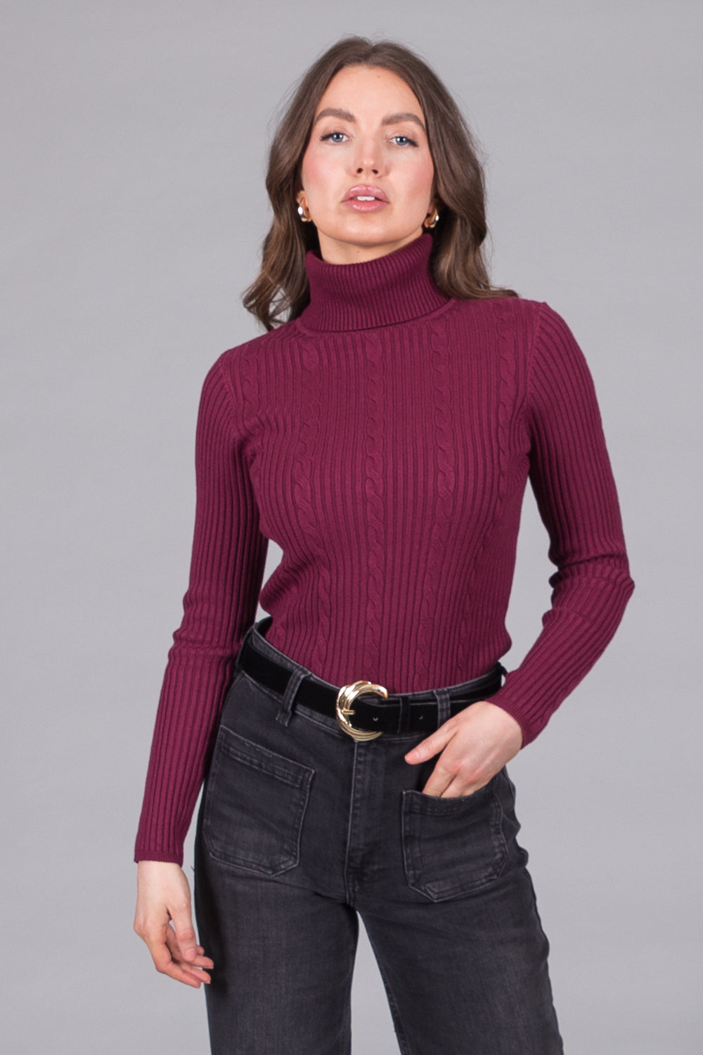 Cable Knit Turtleneck Jumper - Plum