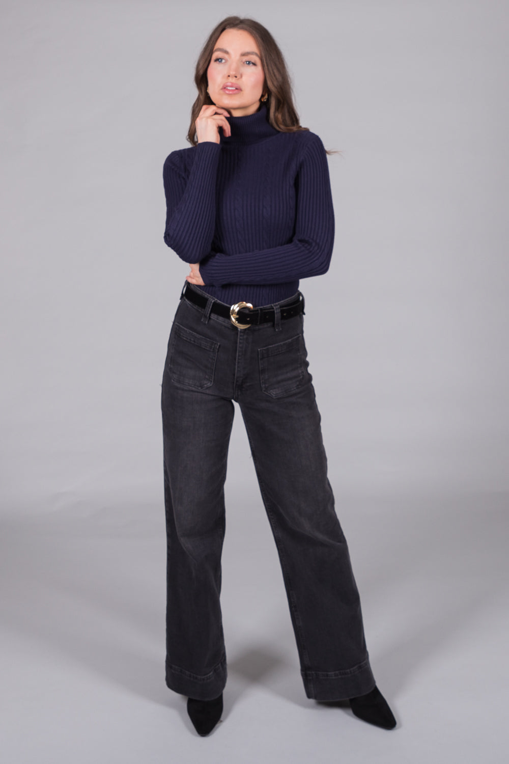 Cable Knit Turtleneck Jumper - Navy