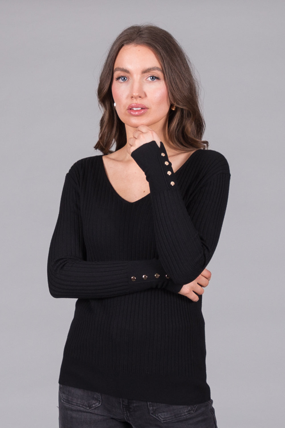 Ribbed V-Neck Jumper with Button Cuffs - Black