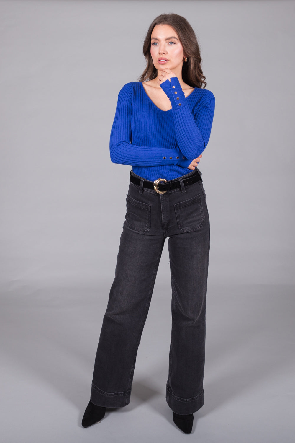 Ribbed V-Neck Jumper with Button Cuffs - Cobalt