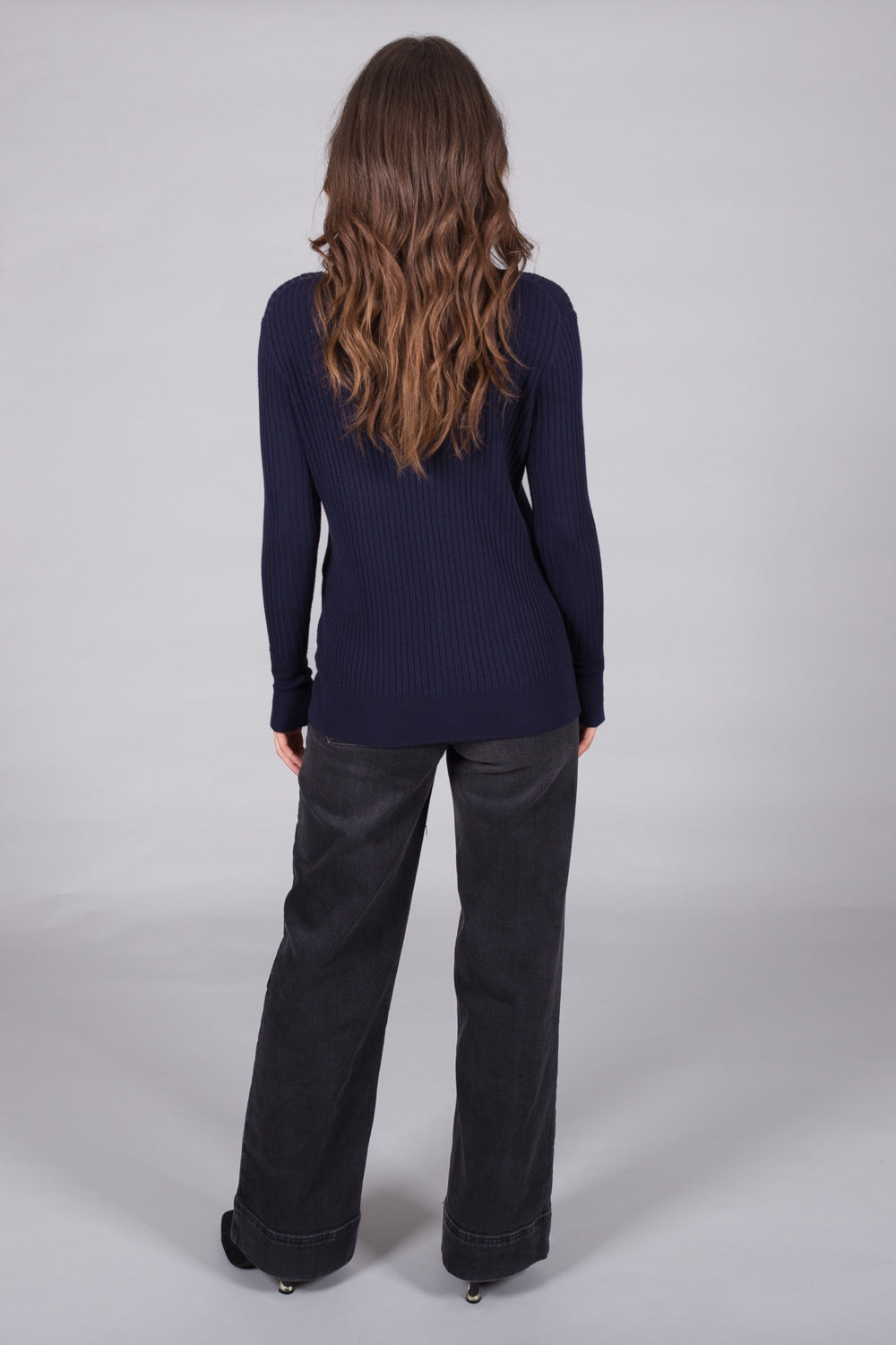 Ribbed V-Neck Jumper with Button Cuffs - Navy