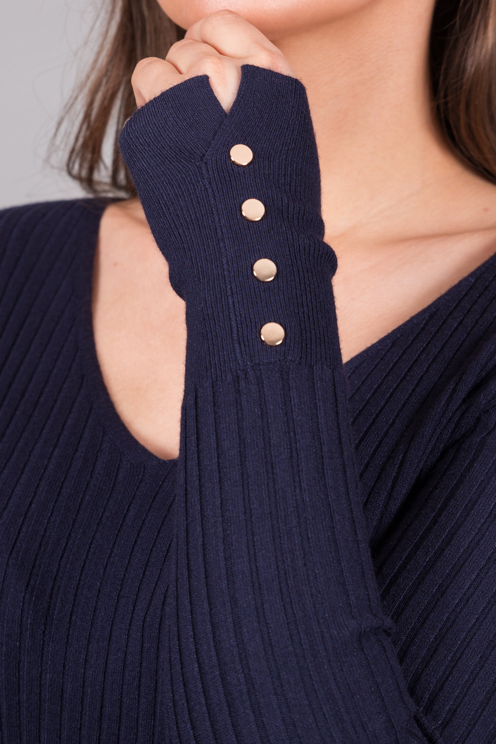 Ribbed V-Neck Jumper with Button Cuffs - Navy