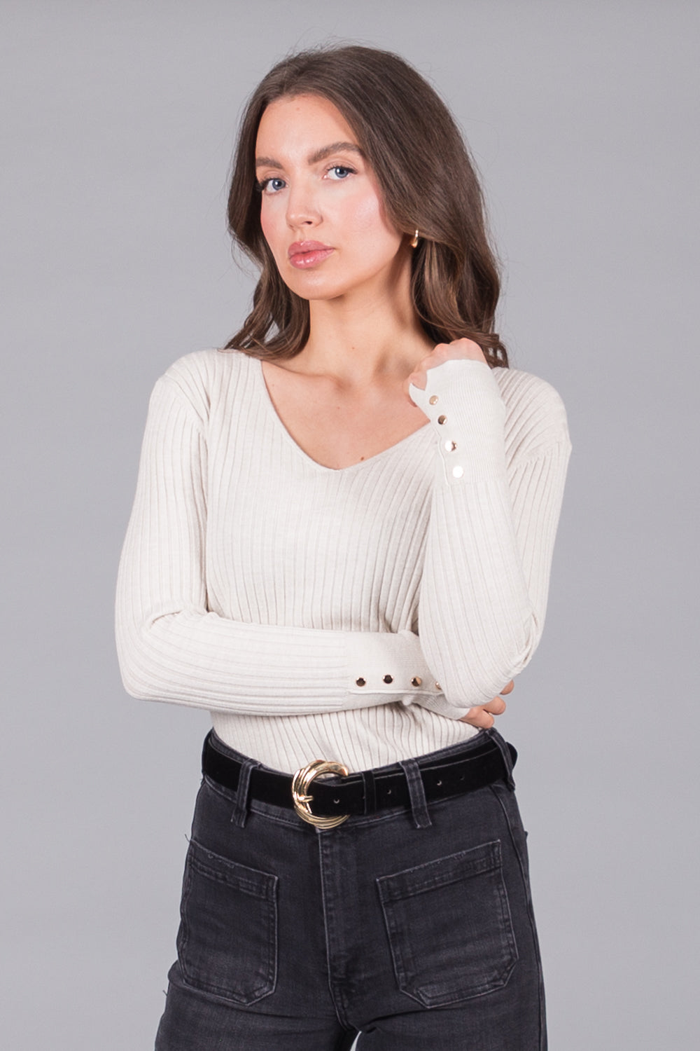 Ribbed V-Neck Jumper with Button Cuffs - Stone