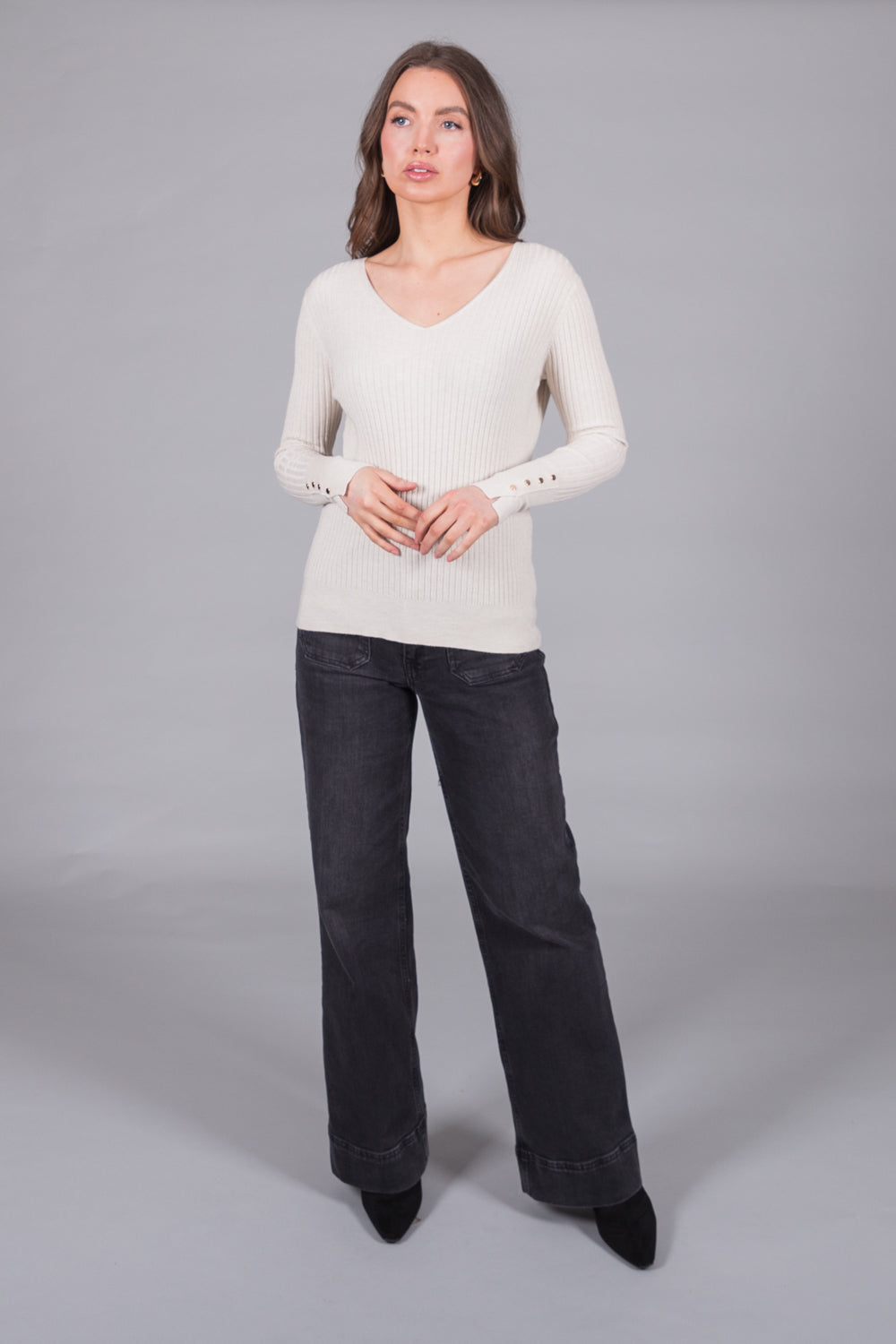 Ribbed V-Neck Jumper with Button Cuffs - Stone