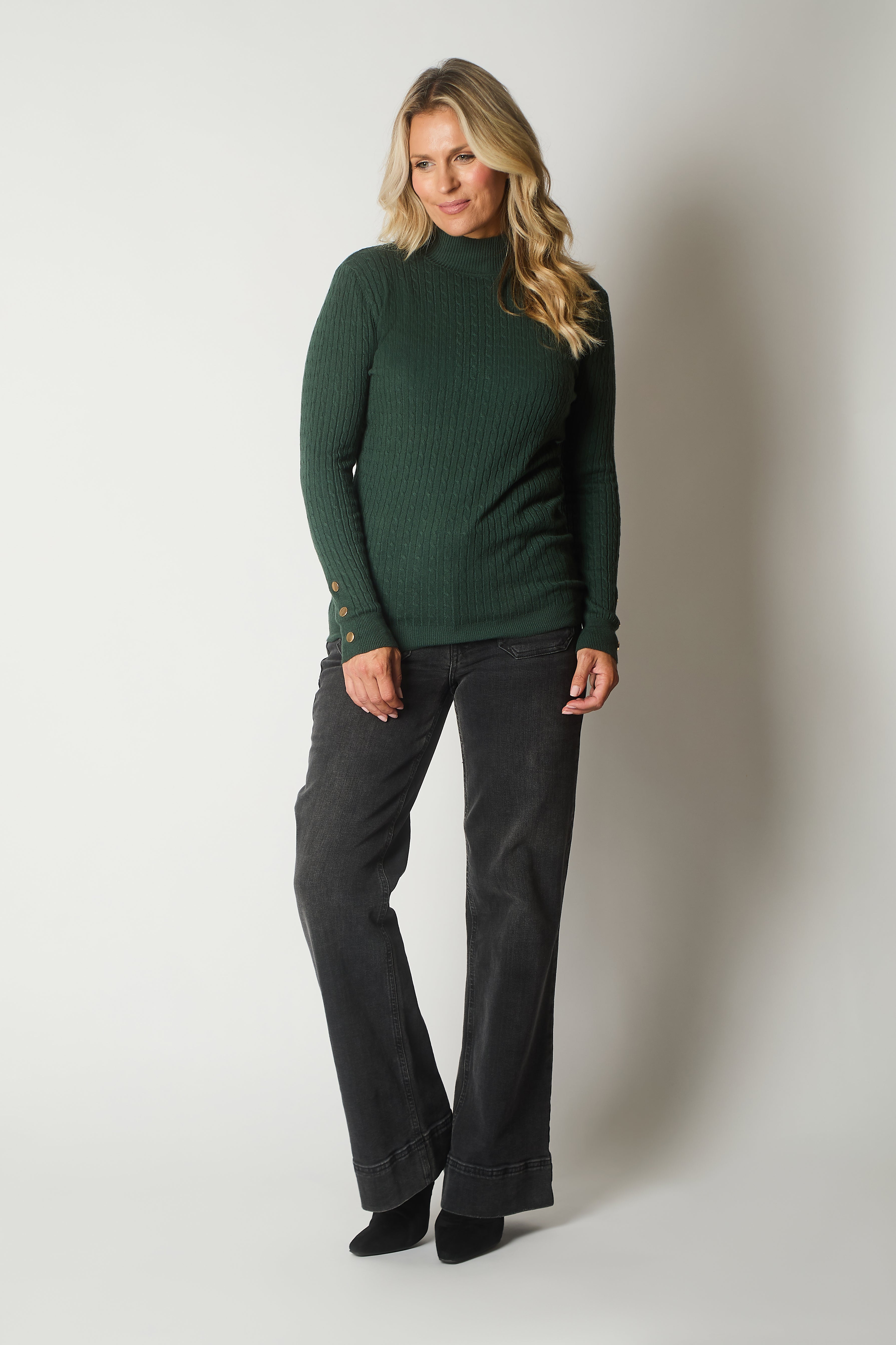 Cable Knit Jumper with Gold Buttons - Green