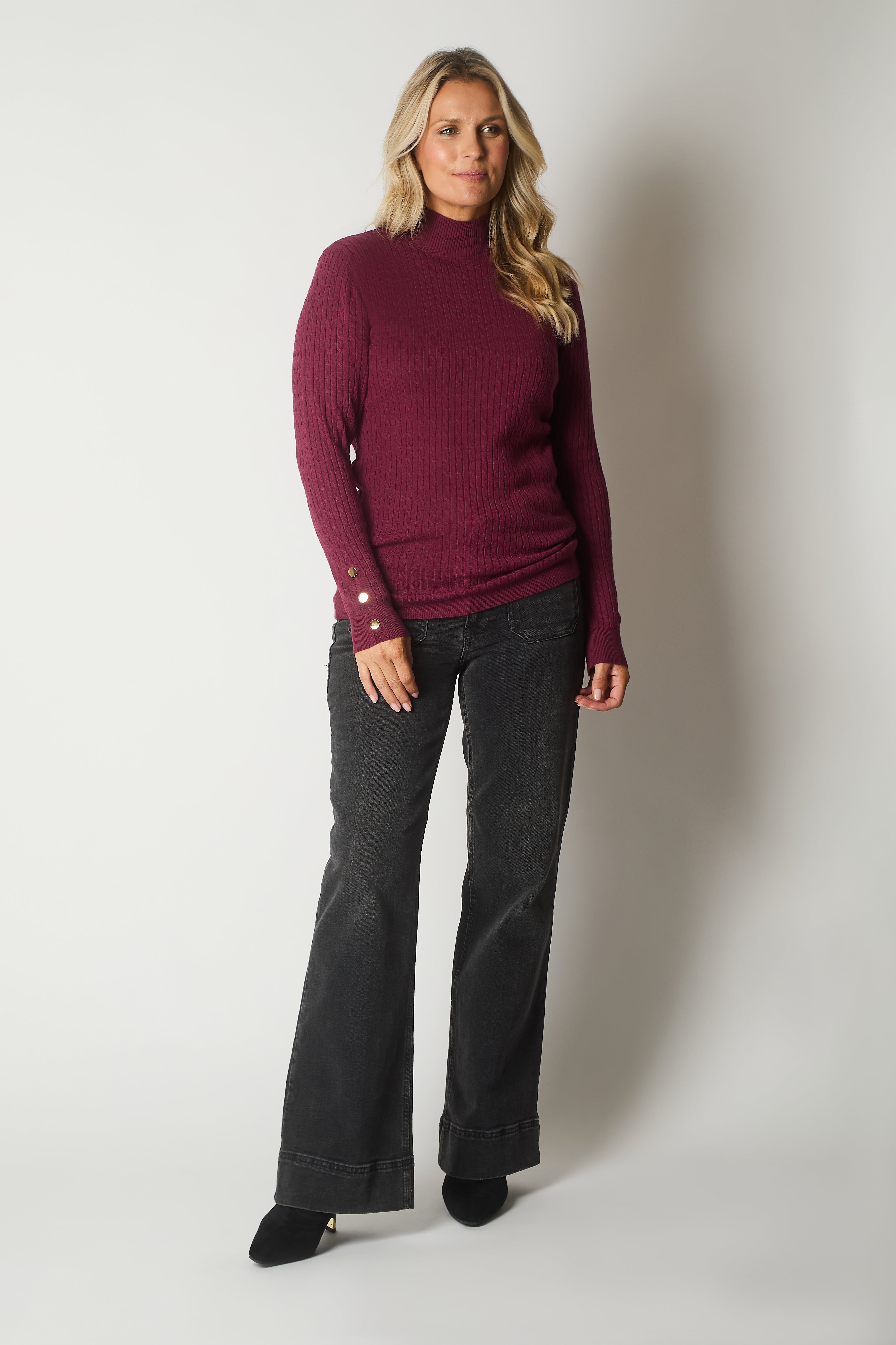 Cable Knit Jumper with Gold Buttons - Plum
