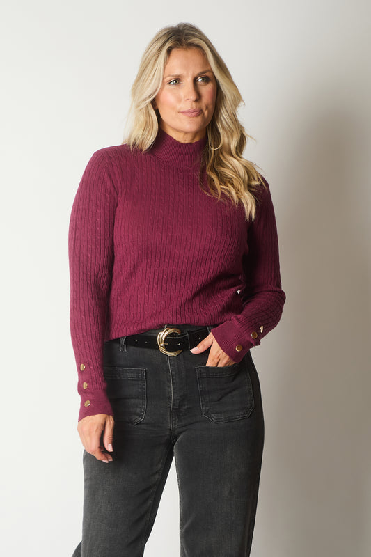 Cable Knit Jumper with Gold Buttons - Plum