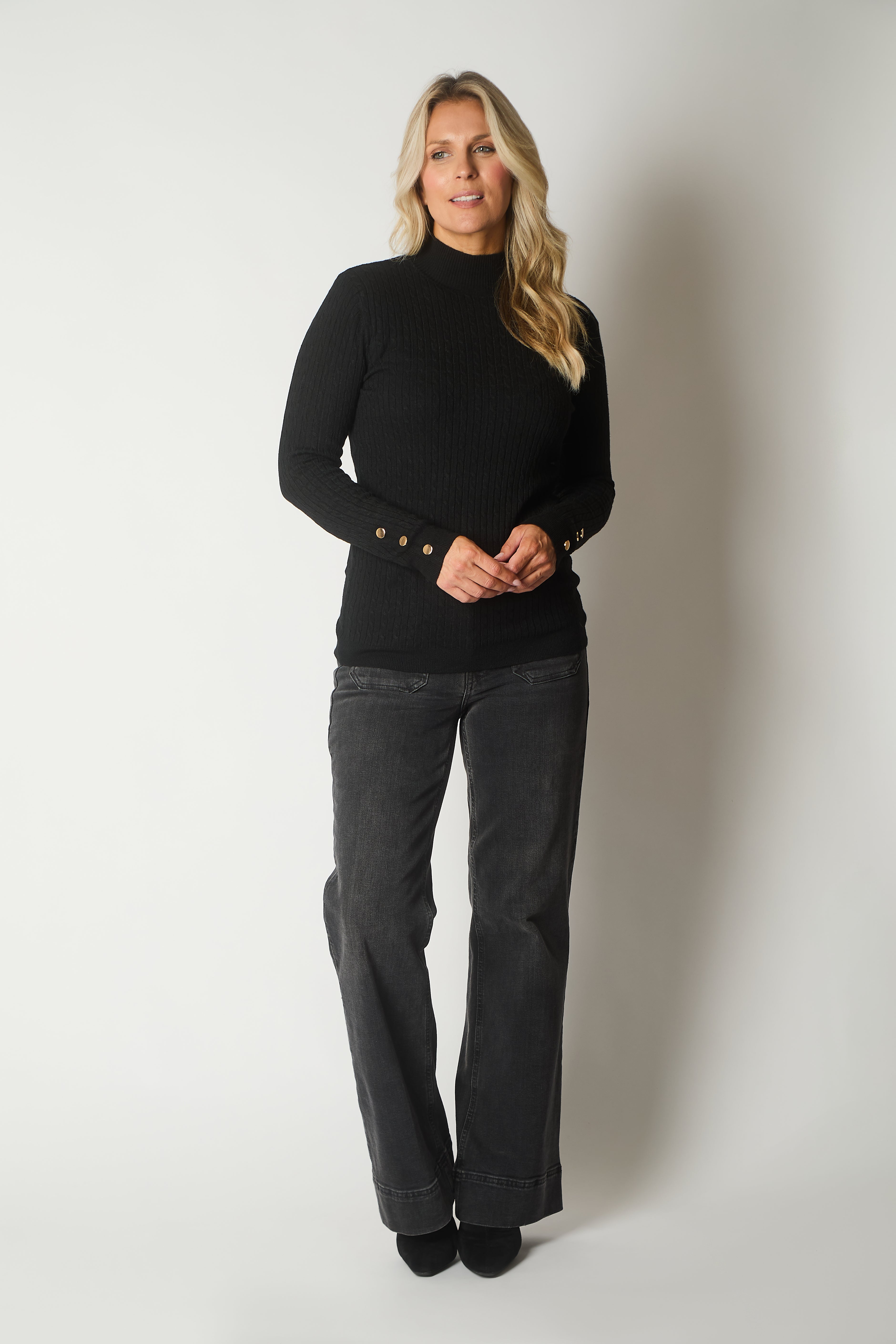 Cable Knit Jumper with Gold Buttons - Black