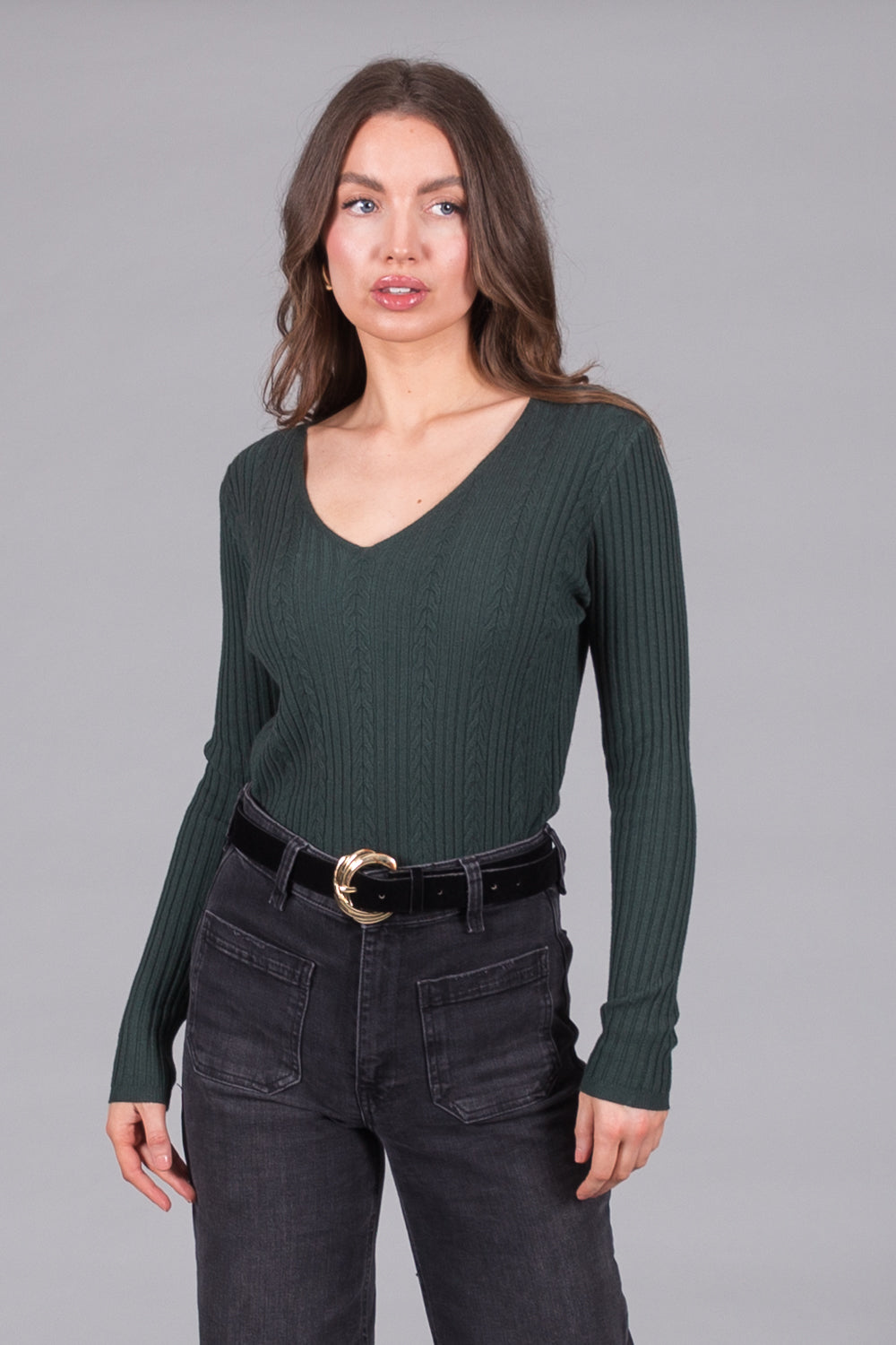 Ribbed V-Neck Jumper - Green