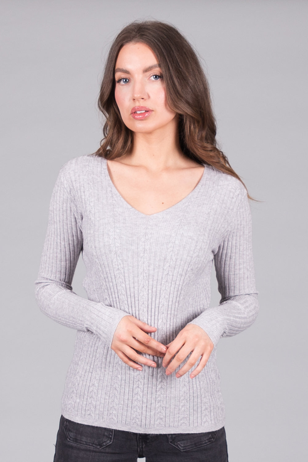 Ribbed V-Neck Jumper - Grey