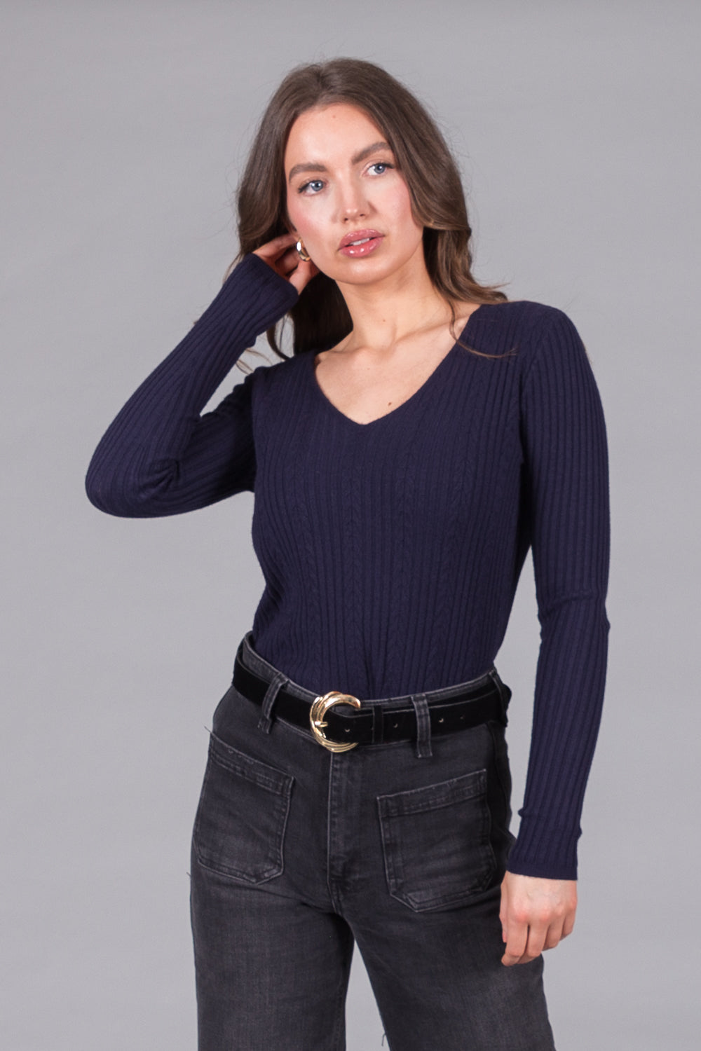 Ribbed V-Neck Jumper - Navy