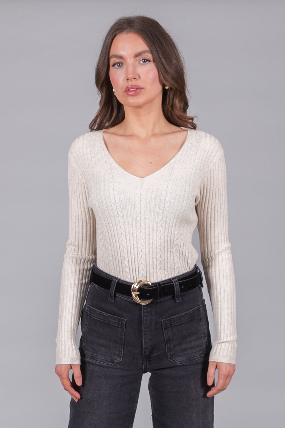 Ribbed V-Neck Jumper - Stone