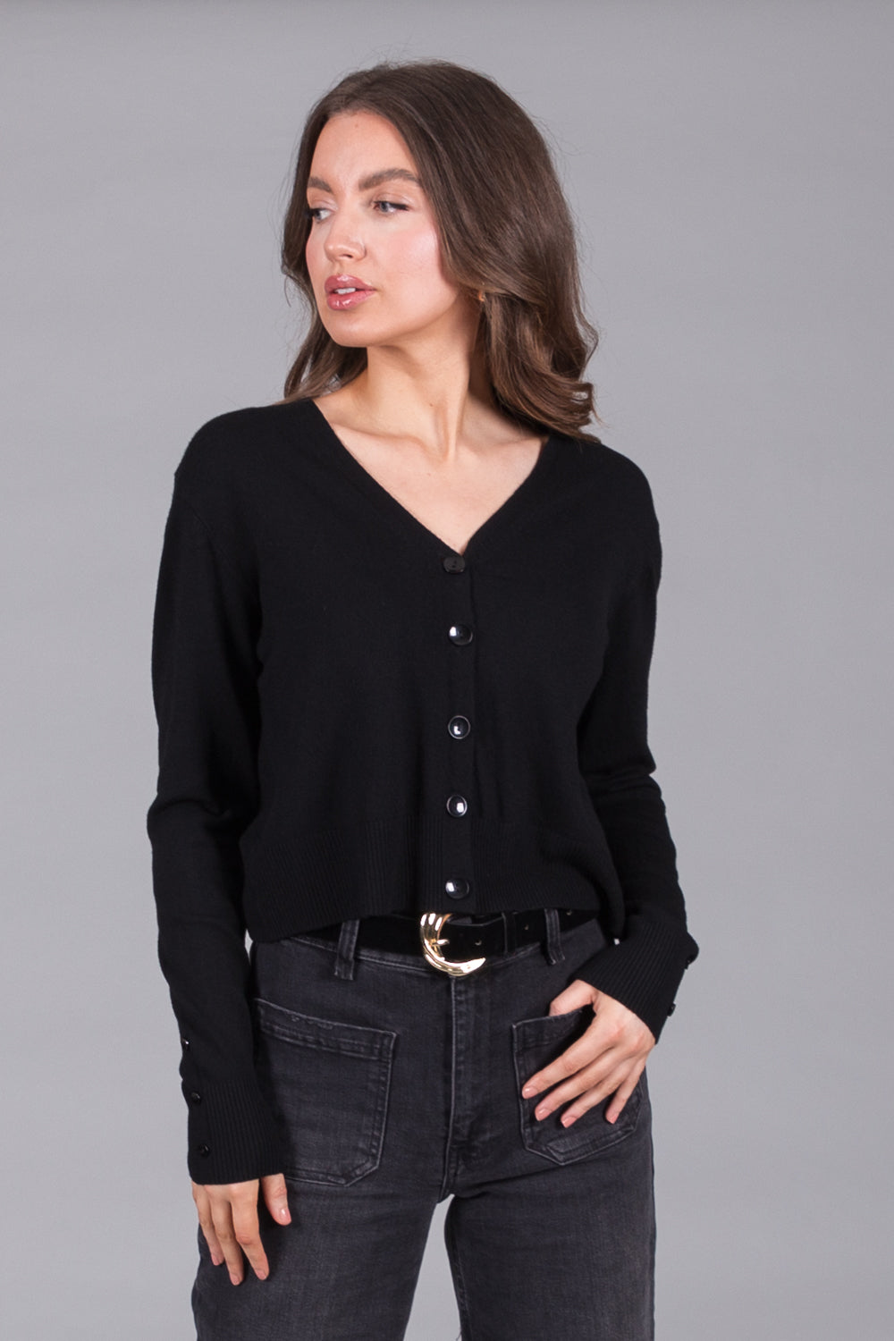 V-Neck Knit Cardigan - Black