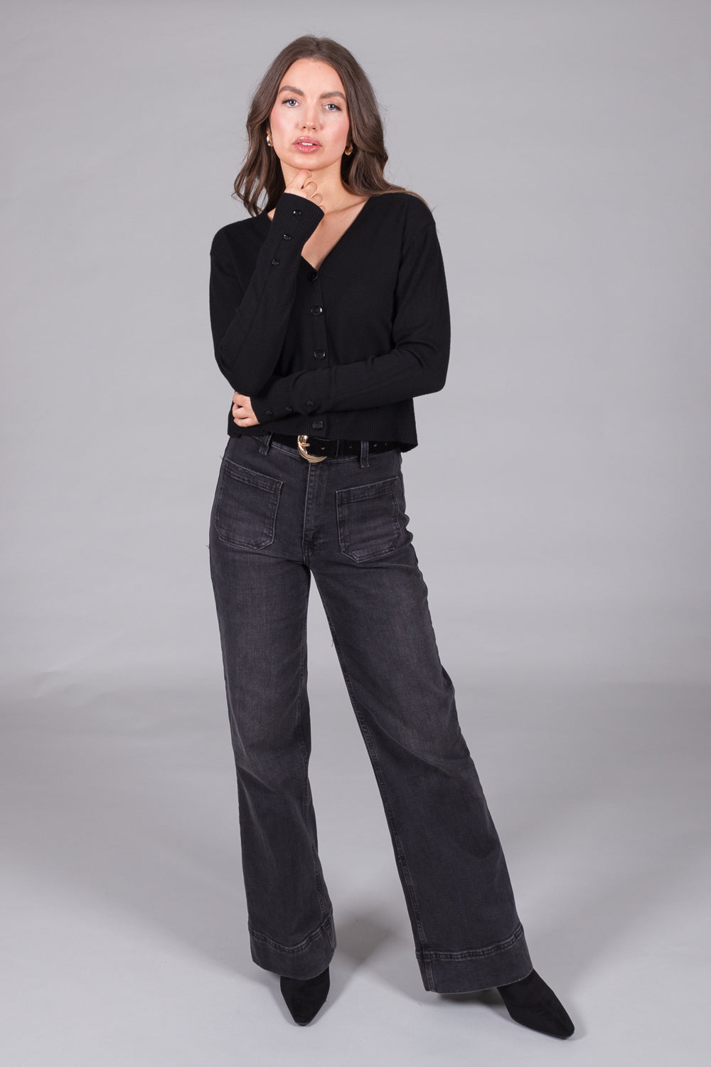 V-Neck Knit Cardigan - Black