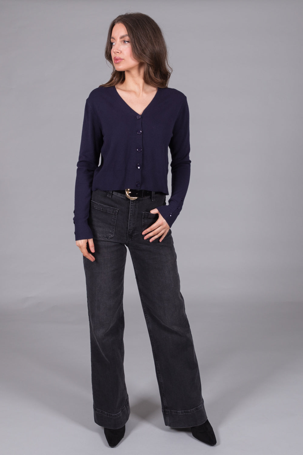 V-Neck Knit Cardigan - Navy