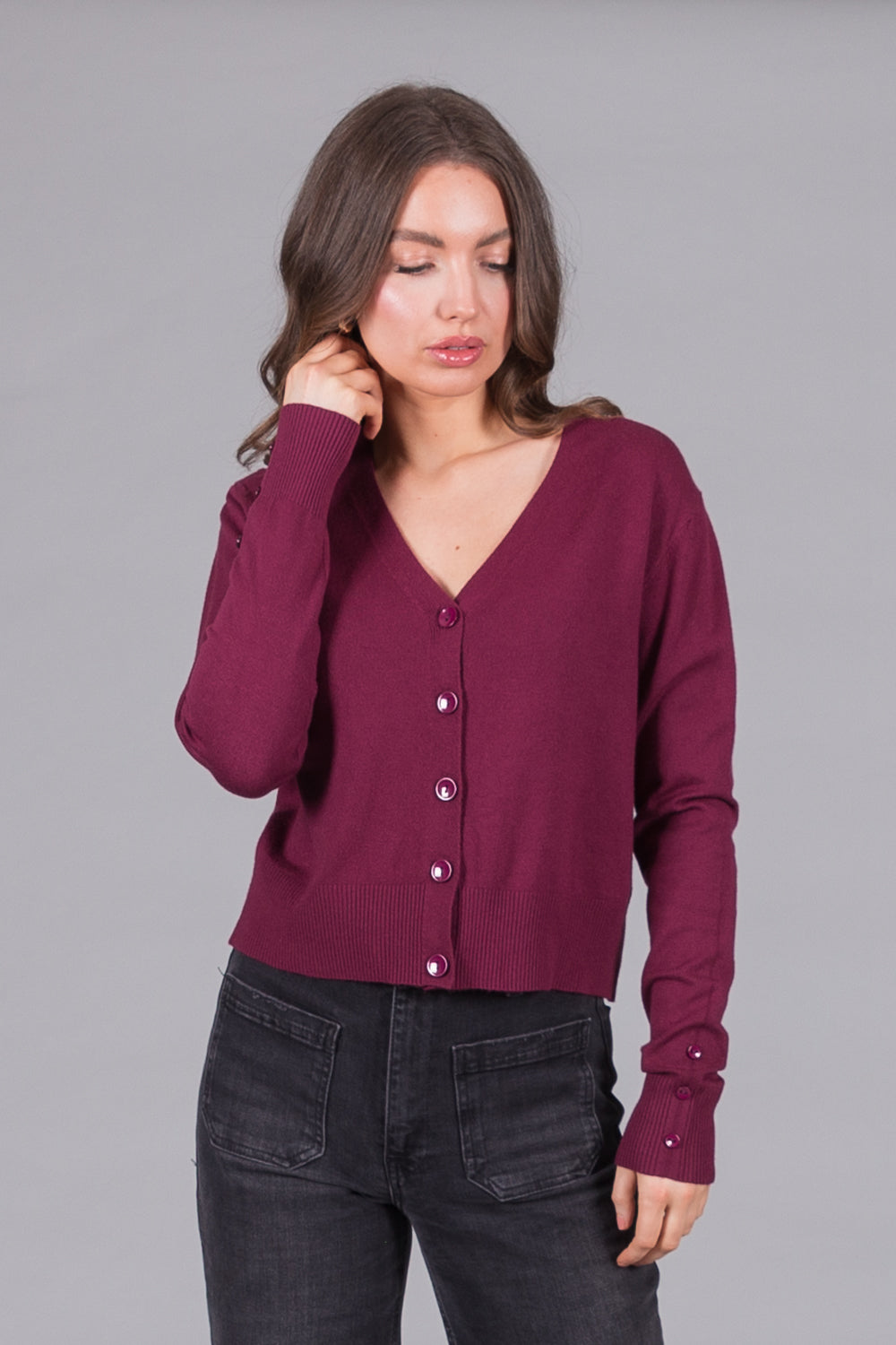 V-Neck Knit Cardigan - Plum