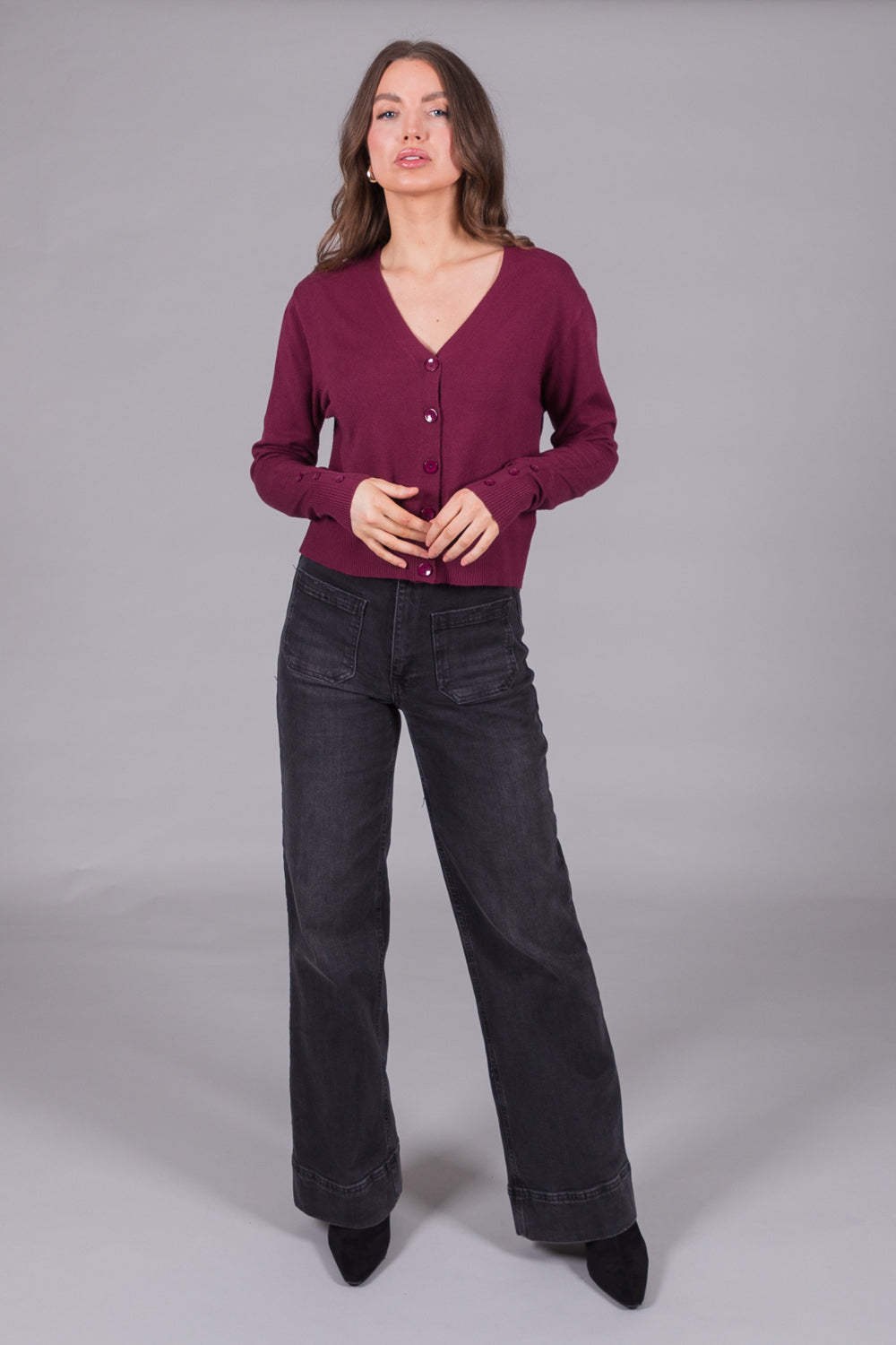 V-Neck Knit Cardigan - Plum