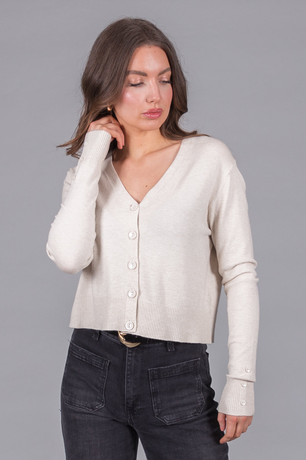 V-Neck Knit Cardigan - Stone