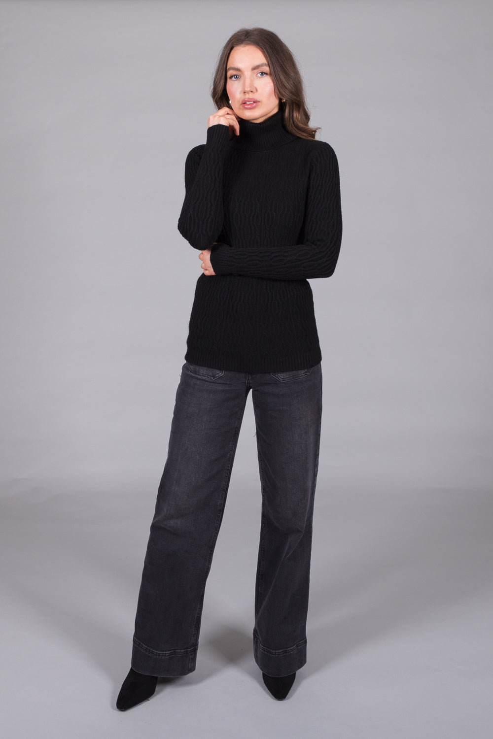 Textured Knit Polo Neck Jumper - Black