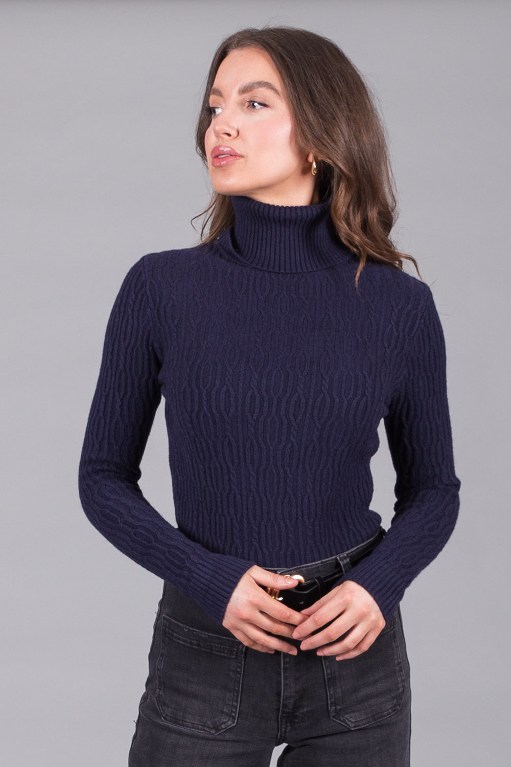 Textured Knit Polo Neck Jumper - Navy