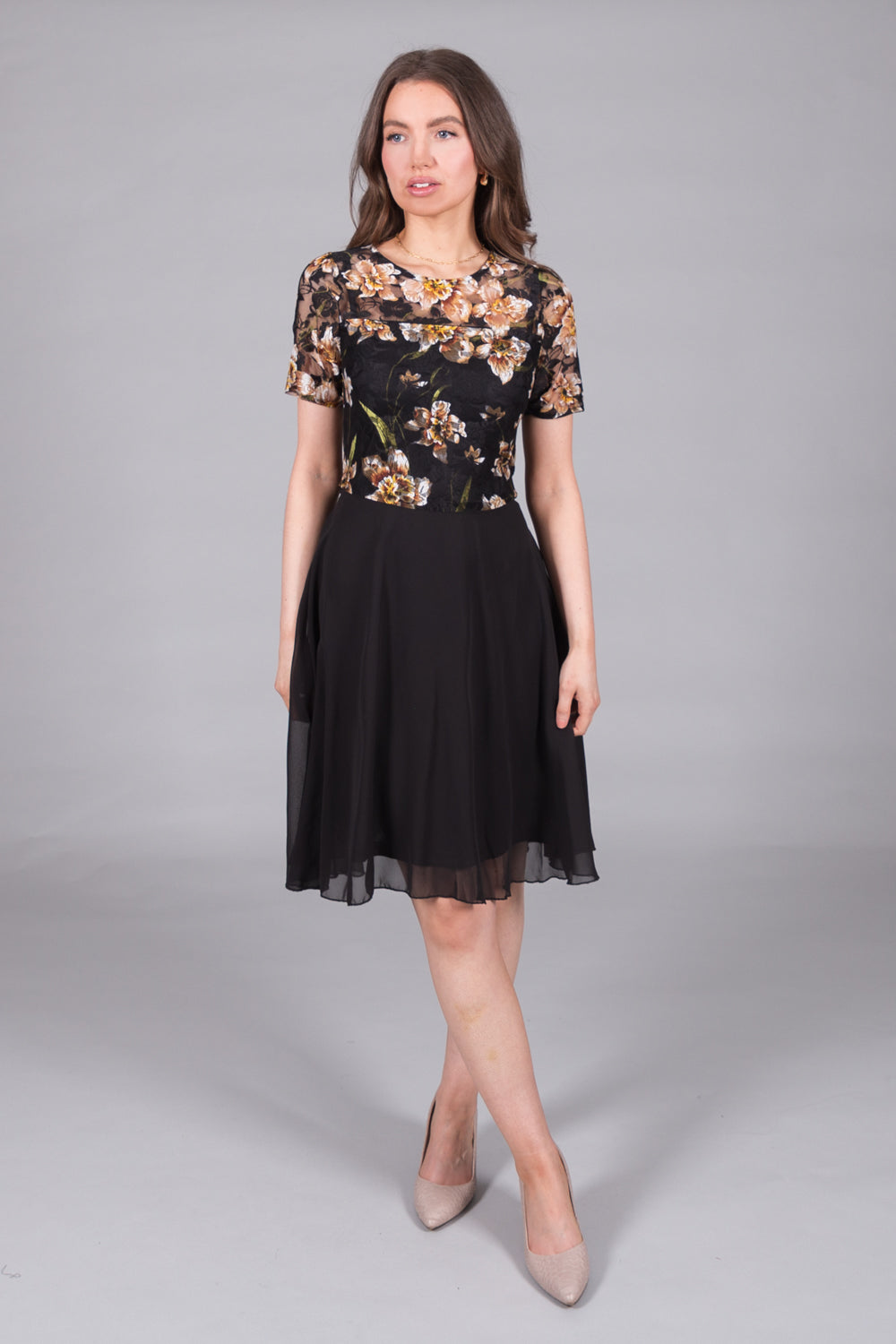 Floral Lace Bodice A-Line Dress - Gold