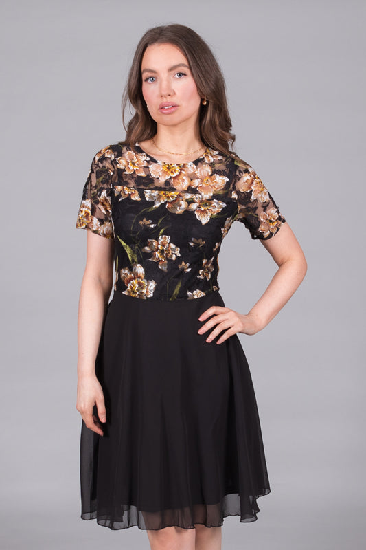 Floral Lace Bodice A-Line Dress - Gold