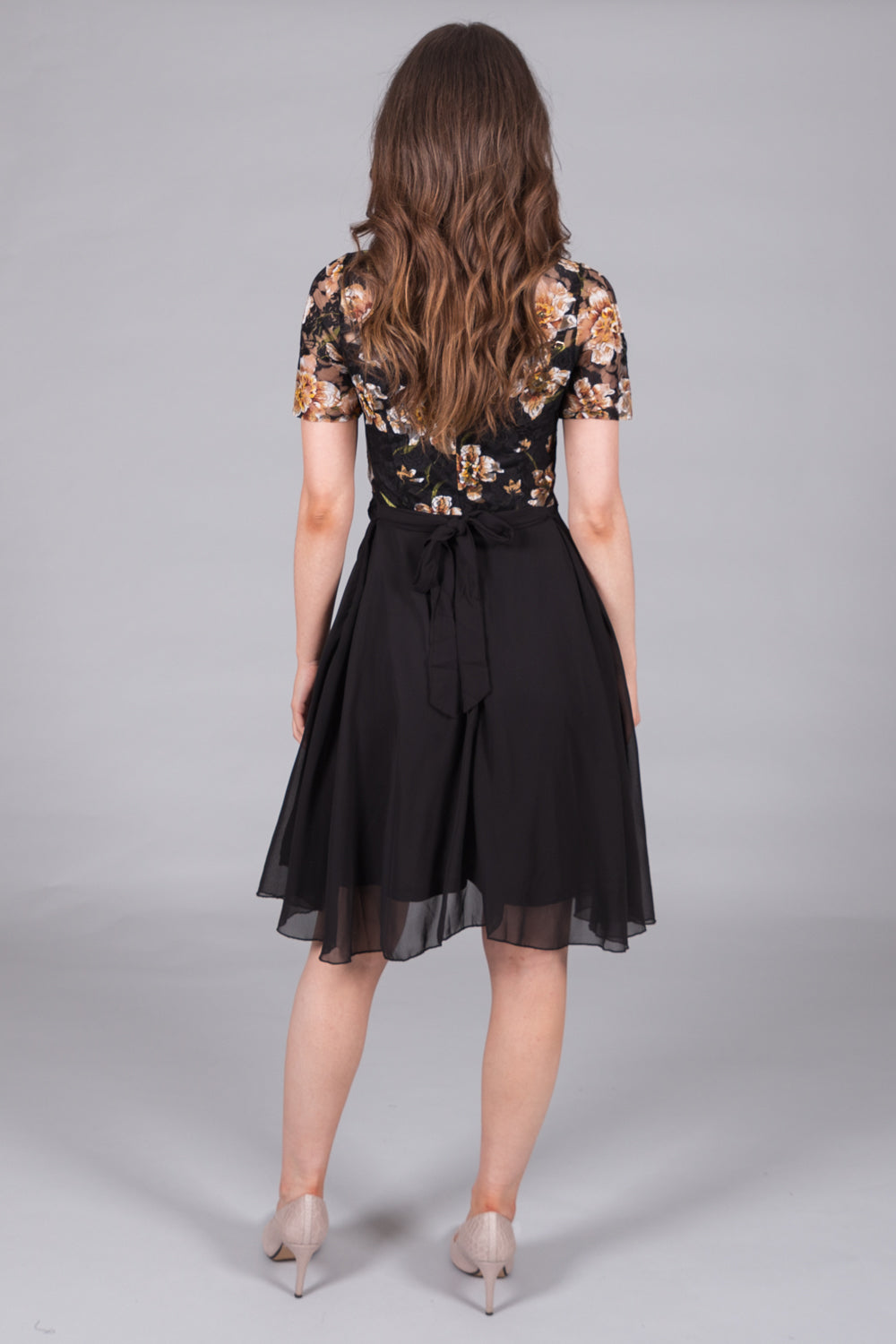 Floral Lace Bodice A-Line Dress - Gold