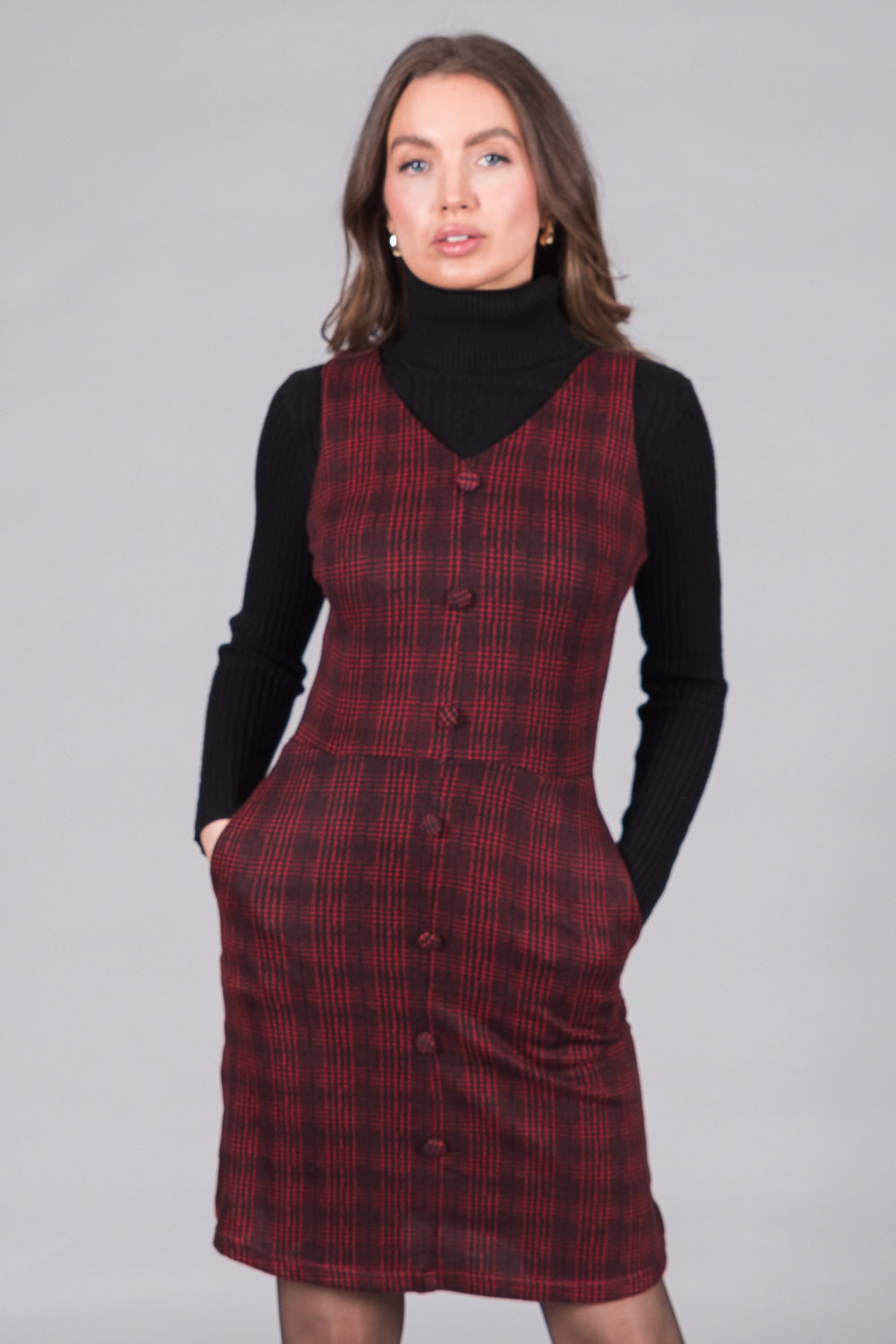 Checked Sleeveless Pinafore Dress - Red