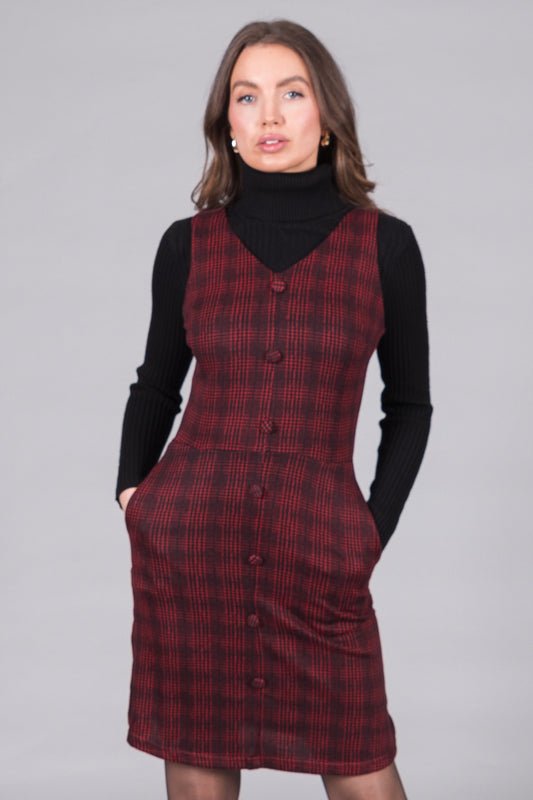 Checked Sleeveless Pinafore Dress - Red