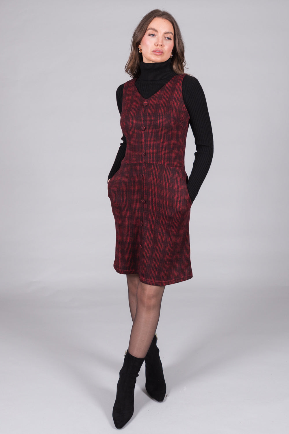 Checked Sleeveless Pinafore Dress - Red