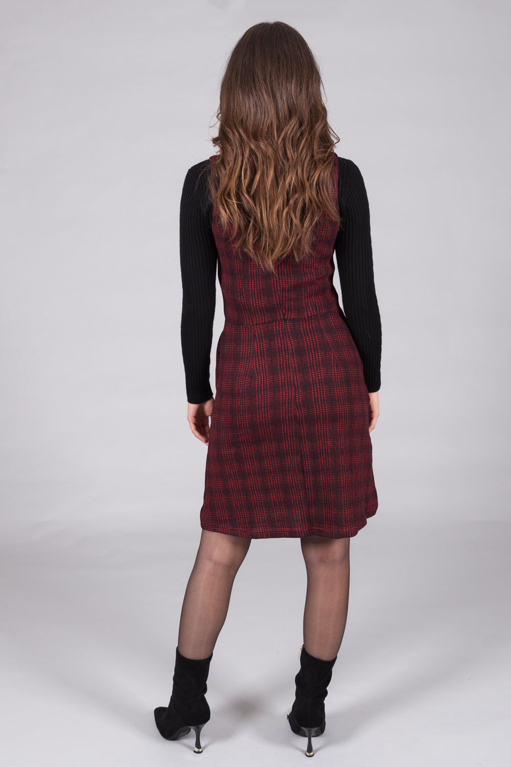 Checked Sleeveless Pinafore Dress - Red