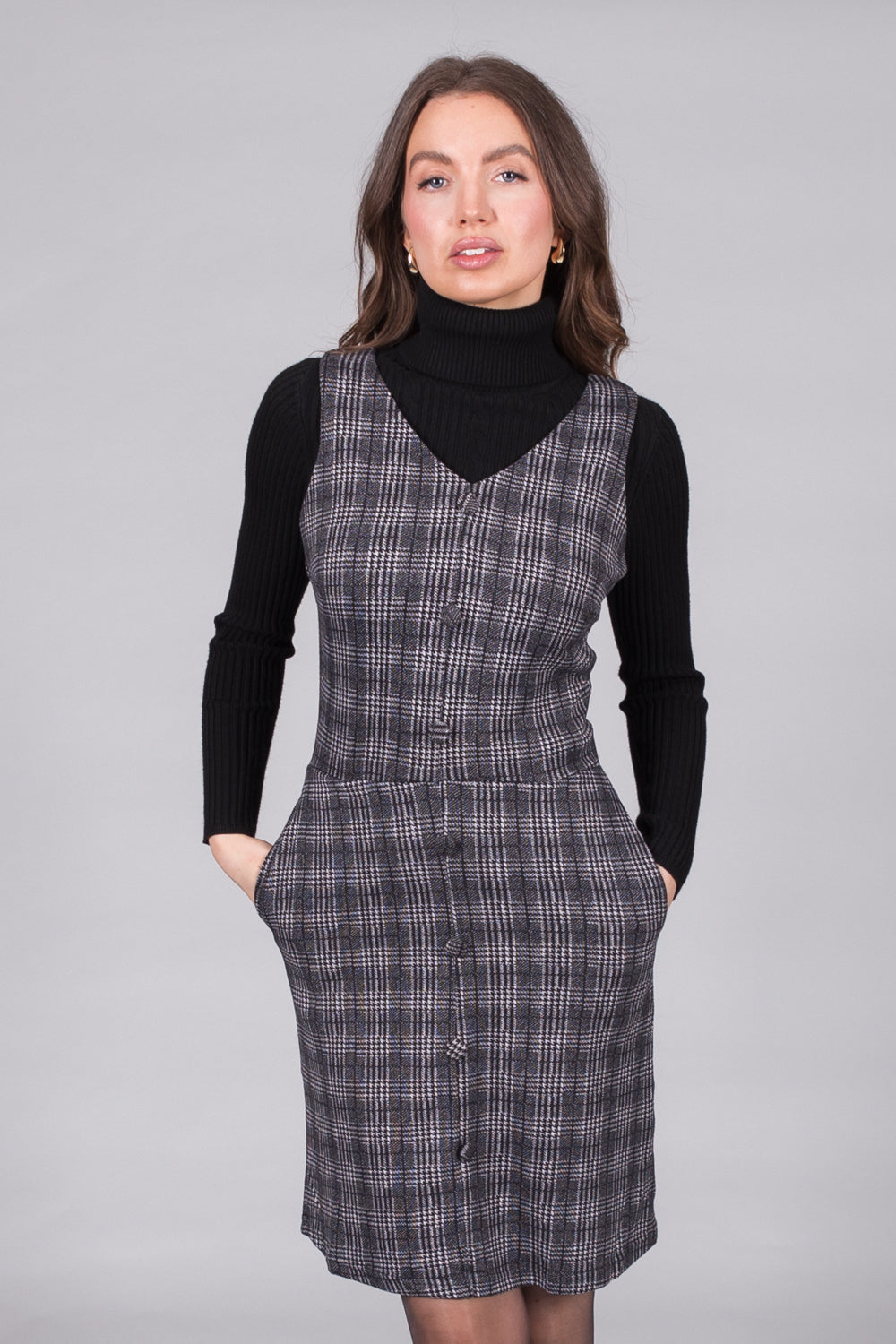Checked Sleeveless Pinafore Dress - Grey