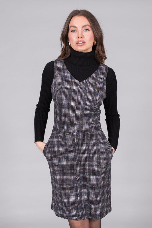 Checked Sleeveless Pinafore Dress - Grey