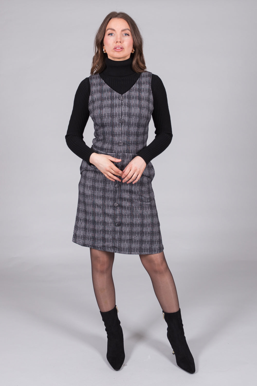 Checked Sleeveless Pinafore Dress - Grey