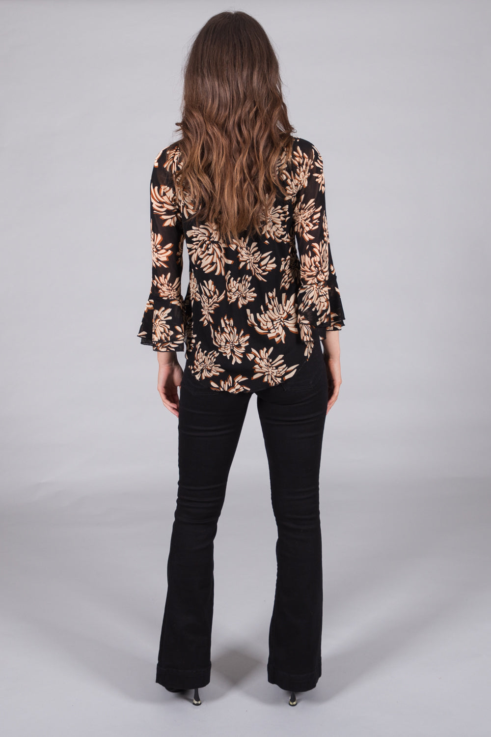 Floral Print Sheer Top with Ruffle Cuffs