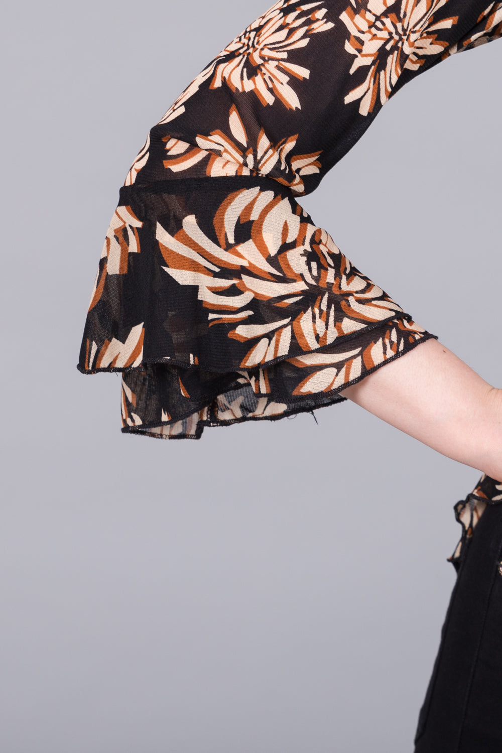 Floral Print Sheer Top with Ruffle Cuffs
