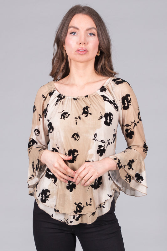 Floral Print Long Sleeve Top with Flared Cuffs - Caramel