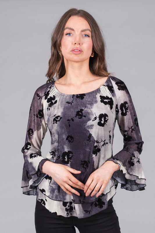 Floral Print Long Sleeve Top with Flared Cuffs - Grey