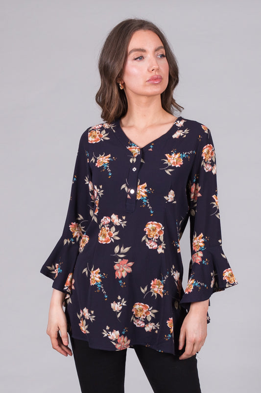Floral Print Tunic with Flared Sleeves