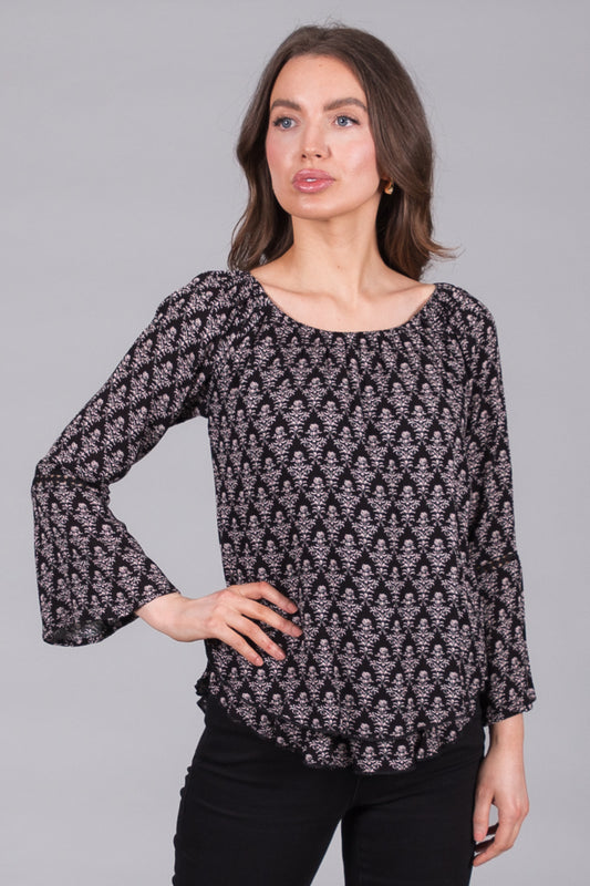 Damask-Print Top with Bell Sleeves