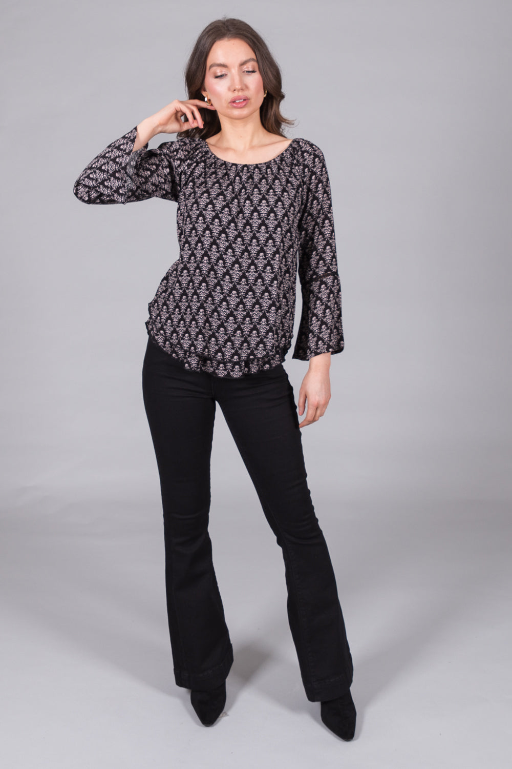 Damask-Print Top with Bell Sleeves