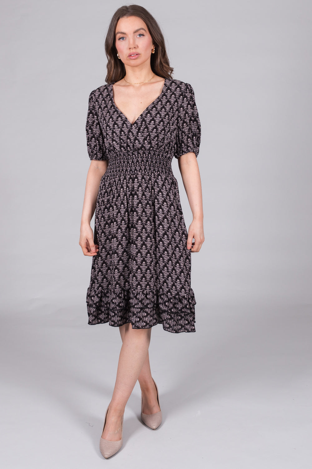 Smocked Damask-Print Dress