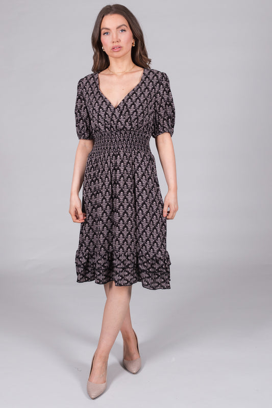 Smocked Damask-Print Dress