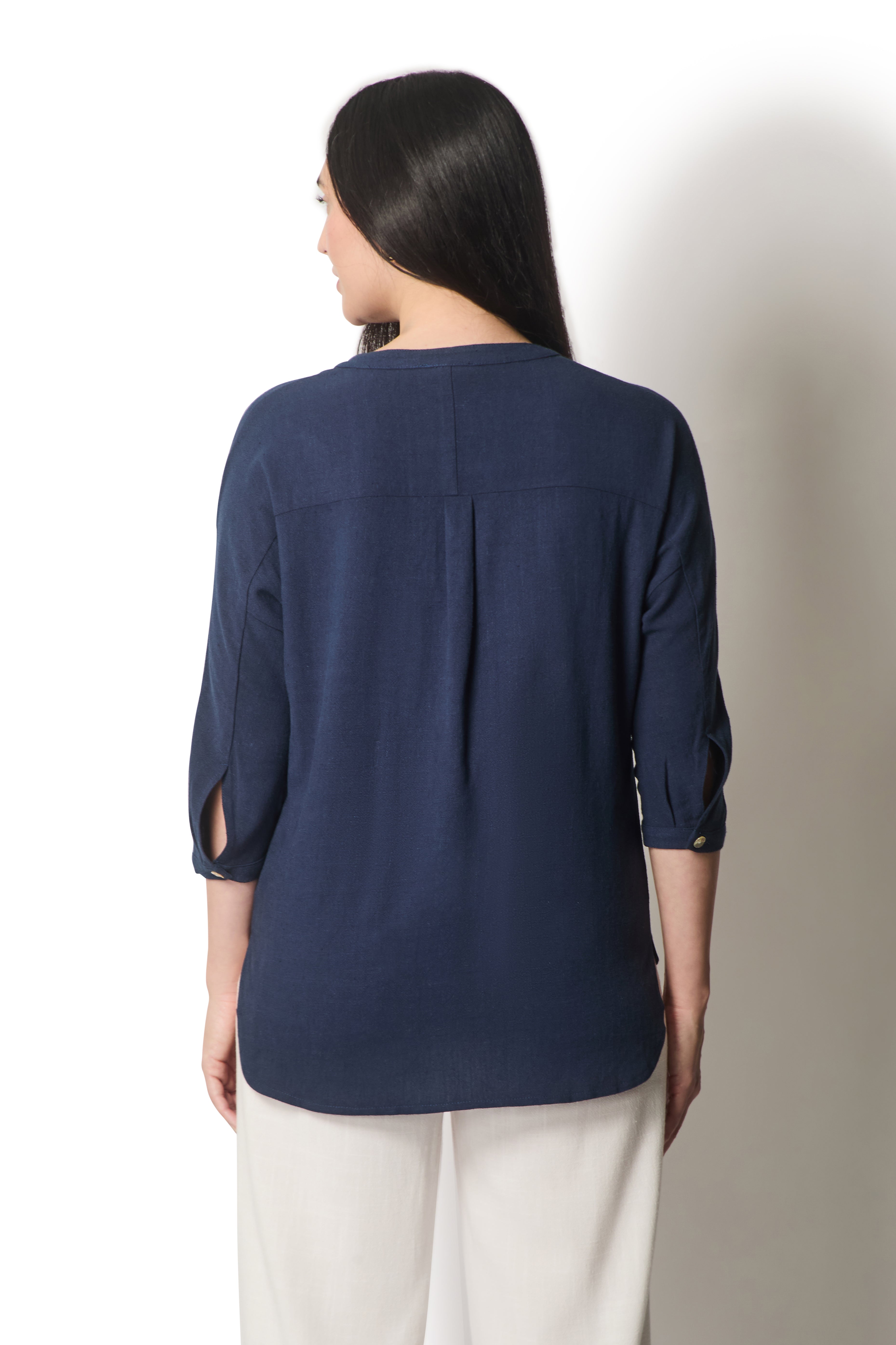 Linen Blend Buttoned Blouse - Navy