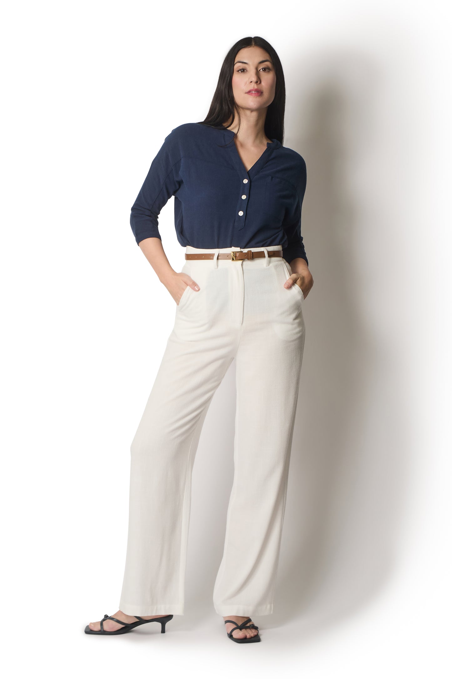 Linen Blend Buttoned Blouse - Navy
