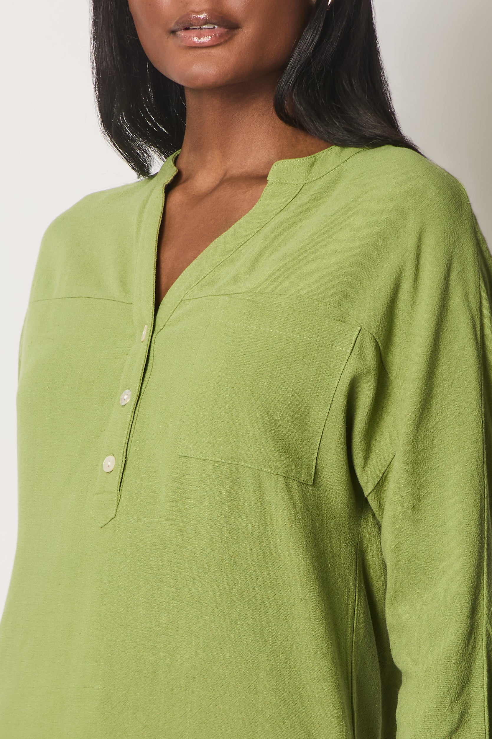 Linen Blend Buttoned Blouse - Green