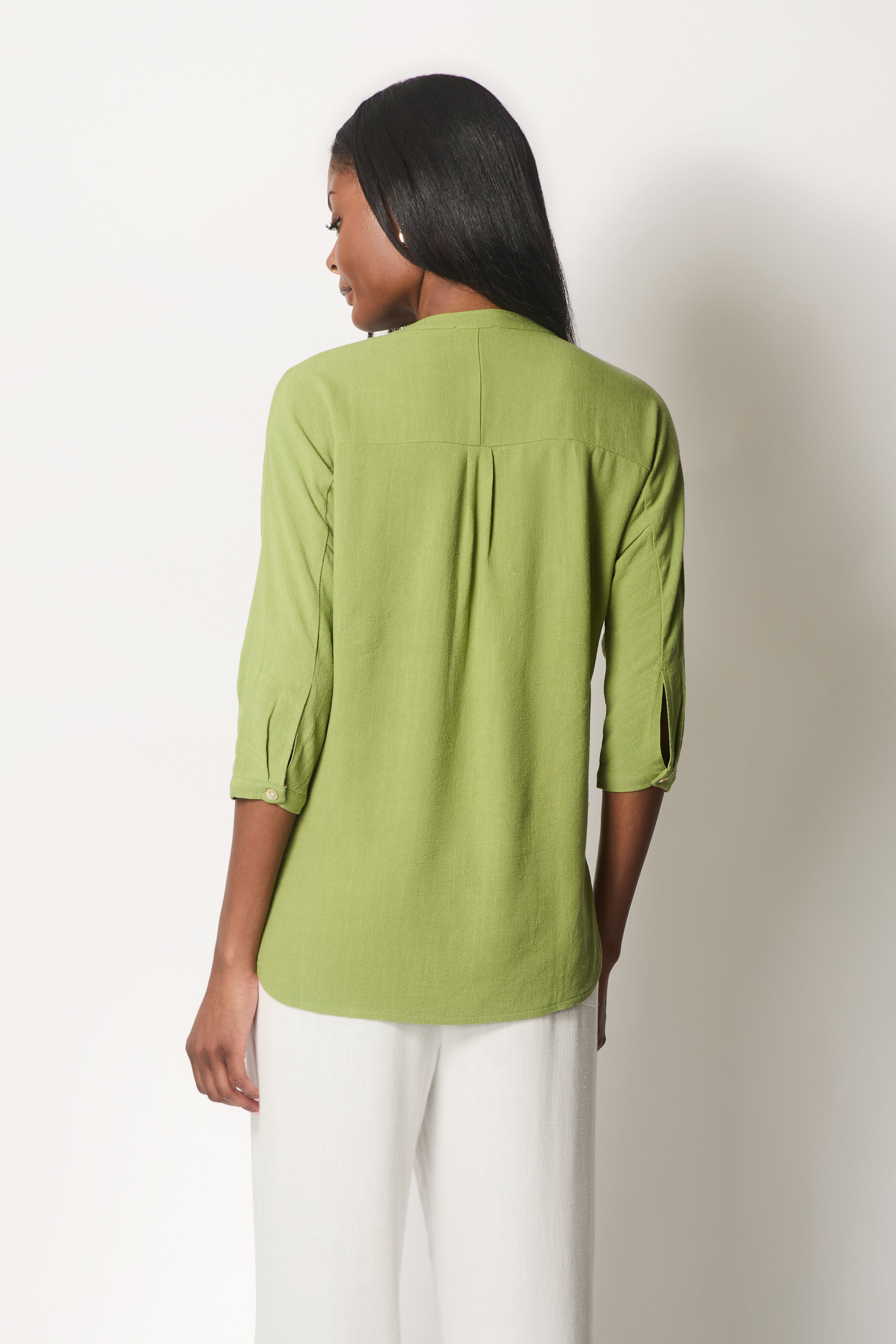 Linen Blend Buttoned Blouse - Green